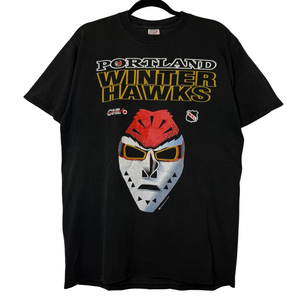 Vintage 90s Portland Winter Hawks Hockey T-Shirt Sz L WHL Minor League Black